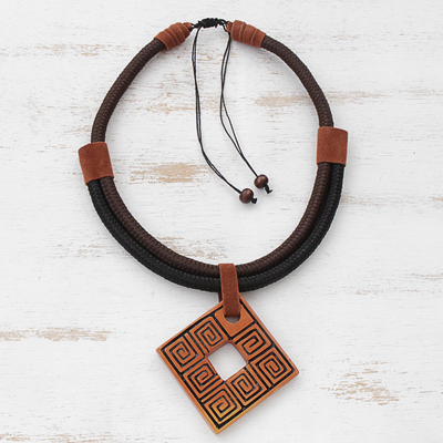 Ceramic pendant necklace, 'Beautiful Labyrinth' - Adjustable Square Ceramic Pendant Necklace from Brazil