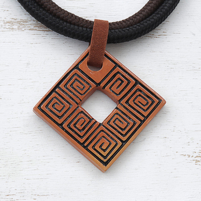 Ceramic pendant necklace, 'Beautiful Labyrinth' - Adjustable Square Ceramic Pendant Necklace from Brazil