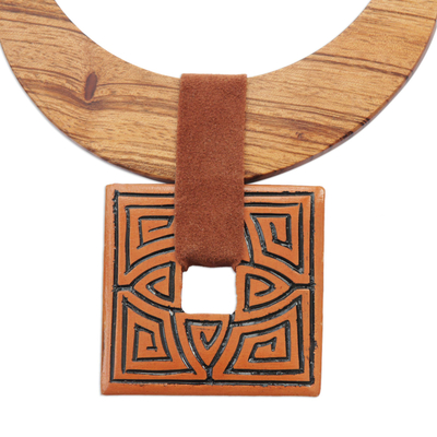 Ceramic and wood pendant necklace, 'Crescent Moon Labyrinth' - Crescent-Shaped Ceramic and Wood Pendant Necklace