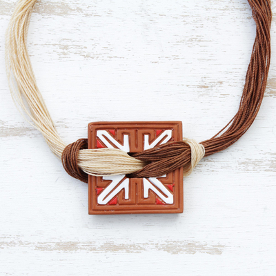 Ceramic pendant necklace, 'Tribal Square' - Square Ceramic and Natural Fiber Pendant Necklace
