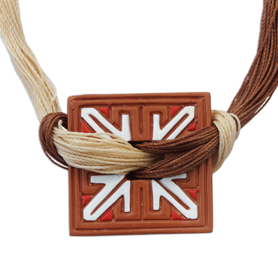Ceramic pendant necklace, 'Tribal Square' - Square Ceramic and Natural Fiber Pendant Necklace