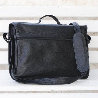 Leather laptop bag, 'Universal in Black' (double) - Black Leather Laptop Bag from Brazil (Double)