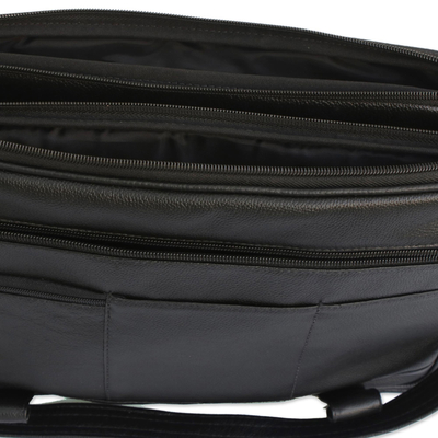 Leather laptop bag, 'Universal in Black' (double) - Black Leather Laptop Bag from Brazil (Double)