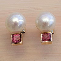 Gold accented cultured pearl and tourmaline button earrings, 'Glowing Delicacy' - Gold Accented Cultured Pearl and Tourmaline Button Earrings