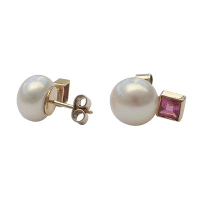 Gold accented cultured pearl and tourmaline button earrings, 'Glowing Delicacy' - Gold Accented Cultured Pearl and Tourmaline Button Earrings