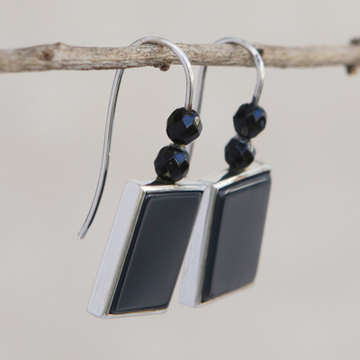 Agate drop earrings, 'Midnight Captured' - Square Black Agate and Sterling Silver Drop Earrings