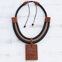 Ceramic pendant necklace, 'Rectangular Labyrinth' - Rectangular Ceramic Pendant Necklace from Brazil