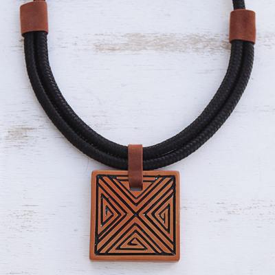 Ceramic pendant necklace, 'Triangle Labyrinth' - Triangle Pattern Ceramic Pendant Necklace from Brazil
