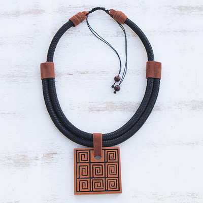 Ceramic pendant necklace, 'Labyrinth Squares' - Labyrinth Motif Ceramic Pendant Necklace from Brazil