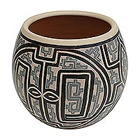 Ceramic decorative vase, 'Macapa Lines' (6 inch) - Hand-Painted Ceramic Decorative Vase from Brazil (6 in.)