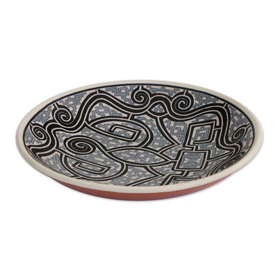 Ceramic decorative bowl, 'Macapa Lines' - Ceramic Decorative Bowl with Line Motifs in Grey from Brazil