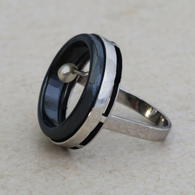 Cultured pearl and hematite cocktail ring, 'Pearl Orbit' - Circular Cultured Pearl and Hematite Cocktail Ring