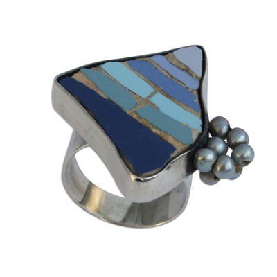 Cultured pearl and ceramic cocktail ring, 'Beautiful Mosaic' - Cultured Pearl and Ceramic Mosaic Cocktail ring from Brazil