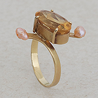 Citrine and cultured pearl cocktail ring, 'Regal Fascination'