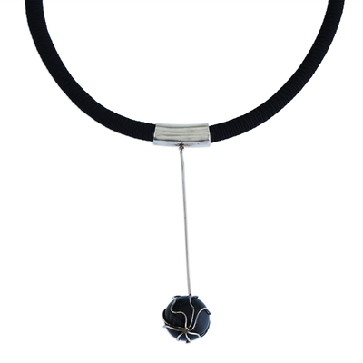 Agate pendant necklace, 'Cradled Black Orb' - Black Orb Agate Pendant Necklace on Soutache Cord