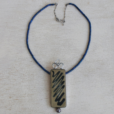 Lapis lazuli and cultured pearl beaded pendant necklace, 'Rectangular Zigzag' - Lapis Lazuli and Cultured Pearl Beaded Pendant Necklace