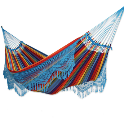 Cotton hammock, 'Artisanal Rainbow' (double) - Multicolored Handwoven Cotton Hammock from Brazil (Double)