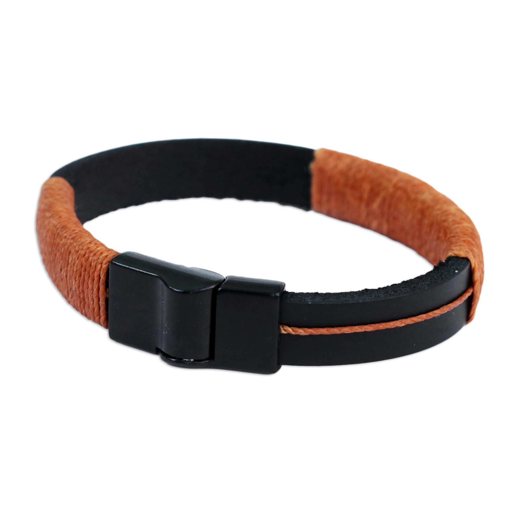 Leather Wristband Bracelet with Burnt Orange Cotton Accent Modern