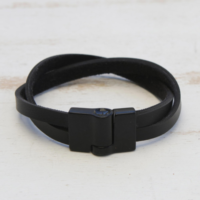 Mens leather wristband bracelet, Determination in Black