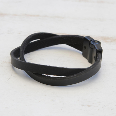 Men's leather wristband bracelet, 'Determination in Black' - Brazilian Leather Wristband Bracelet for Men