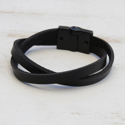 Men's leather wristband bracelet, 'Determination in Black' - Brazilian Leather Wristband Bracelet for Men