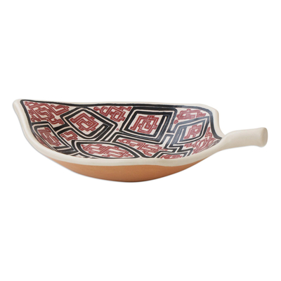 Ceramic decorative bowl, 'Marajoara Leaf in Red' (17.5 inch) - Leaf-Shaped Ceramic Decorative Bowl in Red (17.5 in.)