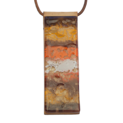 Art glass and leather pendant necklace, 'Desert Layers' - Handcrafted Glass Layered Pendant Necklace from Brazil