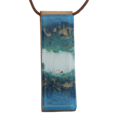 Glass and leather pendant necklace, 'Cloudy Sky' - Blue and White Glass and Leather Pendant Necklace