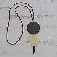 Art glass and leather pendant necklace, 'Blue Eclipse'