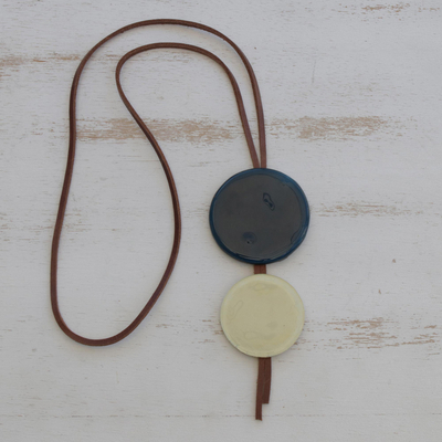 Art glass and leather pendant necklace, Blue Eclipse