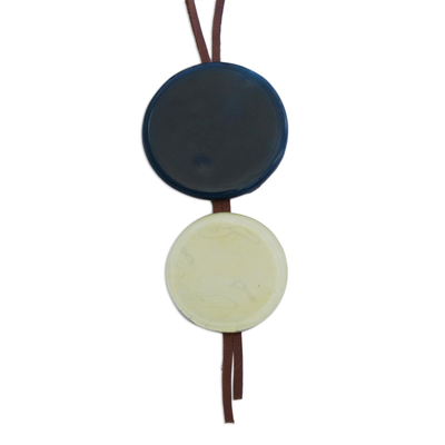 Art glass and leather pendant necklace, 'Blue Eclipse' - Blue Art Glass and Leather Pendant Necklace from Brazil