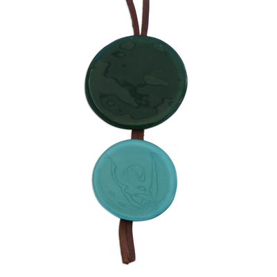 Glass and leather pendant necklace, 'Green Eclipse' - Green Glass and Leather Pendant Necklace from Brazil