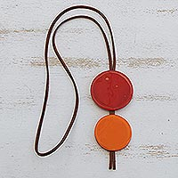 Art glass and leather pendant necklace, 'Red Eclipse' - Red Glass and Leather Pendant Necklace from Brazil