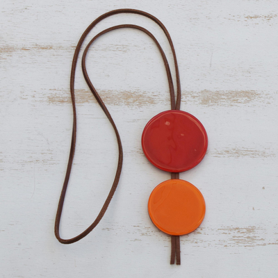 Art glass and leather pendant necklace, Red Eclipse
