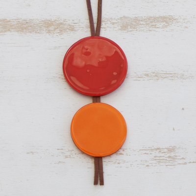 Art glass and leather pendant necklace, 'Red Eclipse' - Red Glass and Leather Pendant Necklace from Brazil