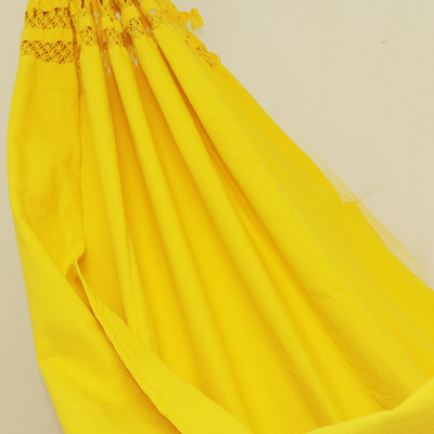 Cotton hammock, 'Tropical Yellow' (double) - Handwoven Maize Yellow Cotton Hammock from Brazil (Double)