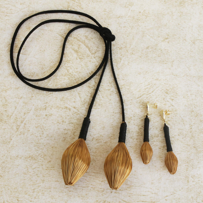 Golden grass jewelry set, 'Natural Baubles' - Natural Golden Grass Jewelry Set from Brazil