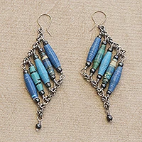 Recycled paper and hematite dangle earrings, 'Tribal Links in Blue'