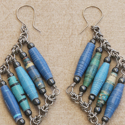 Recycled paper and hematite dangle earrings, 'Tribal Links in Blue' - Recycled Paper and Hematite Dangle Earrings in Blue