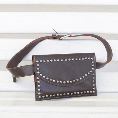 Leather waist bag, 'Studded Espresso' - Handcrafted Leather Waist Bag in Espresso from Brazil
