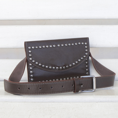 Leather waist bag, 'Studded Espresso' - Handcrafted Leather Waist Bag in Espresso from Brazil