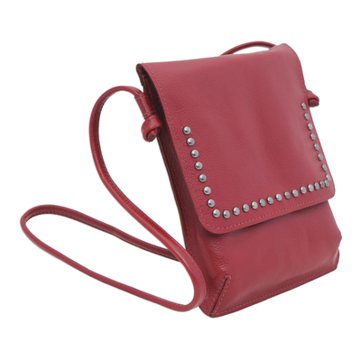 Leather sling, 'Modern Essentials in Red' - Crimson Red Leather Brass Accent Rectangular Sling