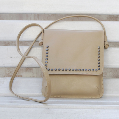 Leather shoulder bag, 'Modern Essentials in Beige' - Sand Beige Leather Brass Accent Rectangular Sling