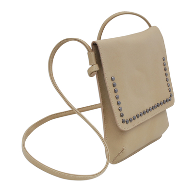 Leather shoulder bag, 'Modern Essentials in Beige' - Sand Beige Leather Brass Accent Rectangular Sling