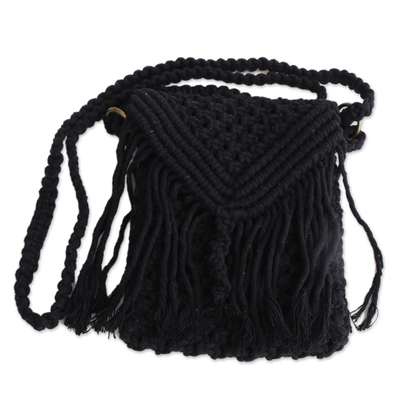 Cotton sling, 'Black Macrame' - Macrame Black Cotton Sling from Brazil