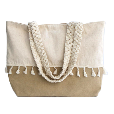 Cotton tote, 'Bicolor Tassels' - Tasseled Cotton Tote in Alabster and Golden Brown