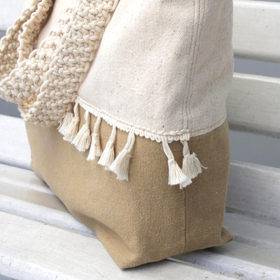 Cotton tote, 'Bicolor Tassels' - Tasseled Cotton Tote in Alabster and Golden Brown