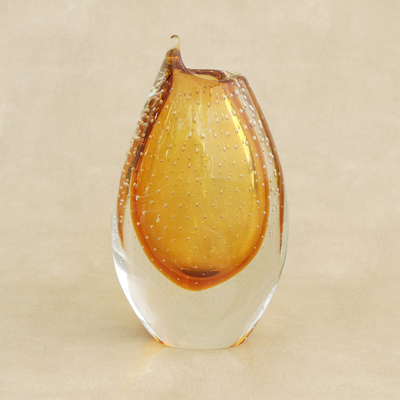 Art glass vase, 'Amber Drop' - Amber-Hued Art Glass Vase from Brazil