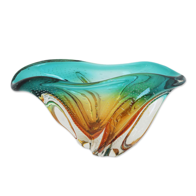 Art glass decorative bowl, 'Fascinating Splash' - Art Glass Decorative Bowl in Amber and Blue from Brazil