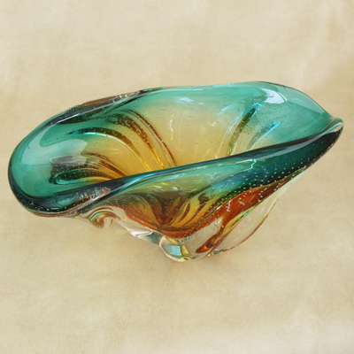 Art glass decorative bowl, 'Fascinating Splash' - Art Glass Decorative Bowl in Amber and Blue from Brazil